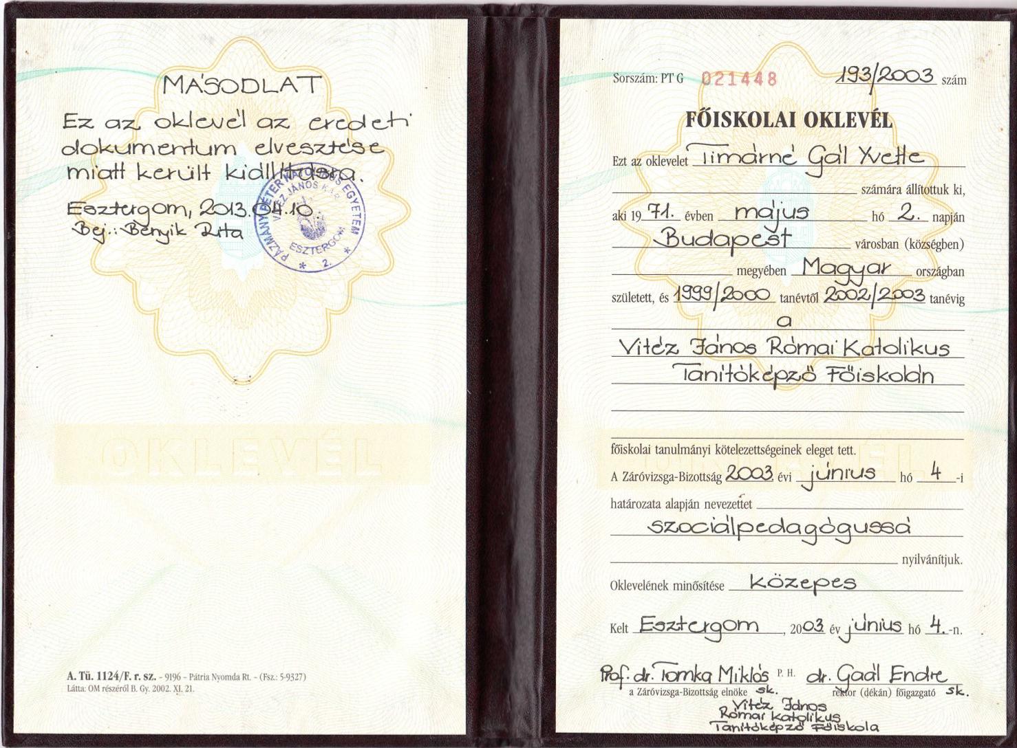 083 Gál Yvette Főiskolai oklevél